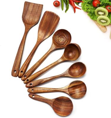 China Sustainable Logo High Quality Non Stick Kitchen Serving Spoon Spatula Teak Wood Spatula Solid Home Cookware Set for sale