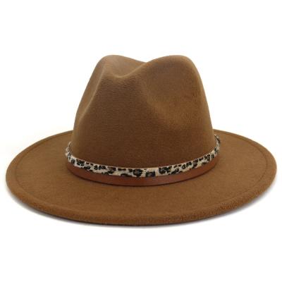 China New Fashion Plush Faux Wool Men Women Felt Flat Wide Brim Fedora Hat With Leopard PU Leather Band for sale