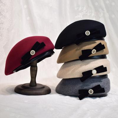 China Luxury 100 Wool Custom Design Bow Plush Felt Berets Hat Cap For Lady Girl Fall Autumn Winter Fashion Women Dress for sale