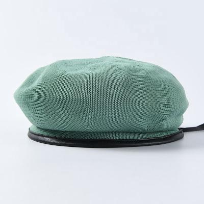 China Plush PU Beret Hat Leather Striped Knitted Hat For Teen Lady Summer Dress for sale