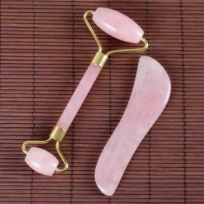 China Skin Tightening Nature Stone Jade Roller Face Gua Sha Tool Kit Massage Roller Rose Quartz Crystal Beauty Product For Home Use Skin Health Care for sale