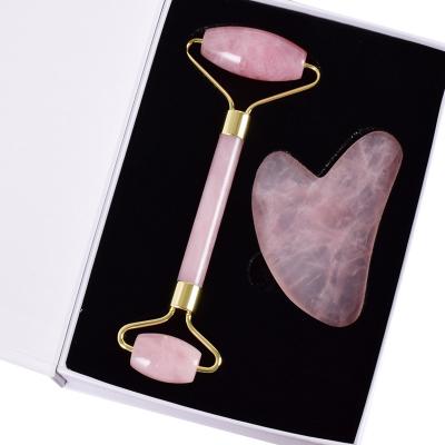 China Skin Tightening High Quality Pink Rose Quartz Real Jade Crystal Gem Stone Skin Care Roller And GuaSha Set For Face Body Use Gua Sha Face Massage for sale