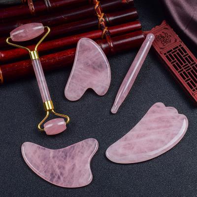 China Wholesale Rose Quartz Roller Massager High Quality Jade Guasha Board Face Care Massage Gua Sha Tool Body Stone Beauty Product for sale