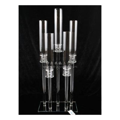 China Home Decoration Crystal Glass Tubes 5 Hands Crystal Candle Holders Wedding Centerpieces for sale