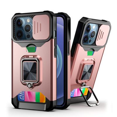 China Camera Shockproof Protection for New iPhone 13,13 Pro Max Premium Shockproof PC+ Silicone Phone Case with Metal Stand and Card Slot for sale