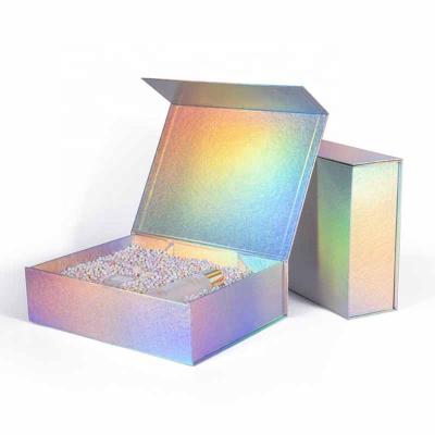 China Recyclable Magnetic Foldable Flat Holographic Paper Box Custom Jewelry Magnet Gift Voucher Shipping Boxes for sale