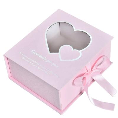 China Recyclable Unique Heart Shaped Top Luxury Pink Custom Gift Flip Window Paper Packaging Boxes With Ribbon for sale