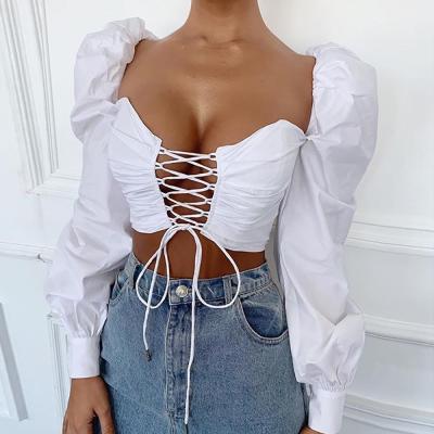 China Anti-pilling 2021 new arrives latest design puff sleeve women blouse tops bandage fashion tops women clothing for sale