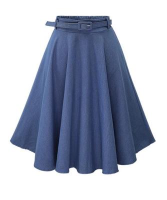 China Autumn Winter Fashion Women Skirt Breathable Vintage Retro High Waist Pleated Midi Skirt Denim Flared Belt Skirt for sale