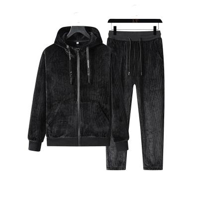 China Customzied Fashion Logo Custom Black Corduroy Hoodies Casual Sportswear Set Men's Two Piece Tracksuit for sale