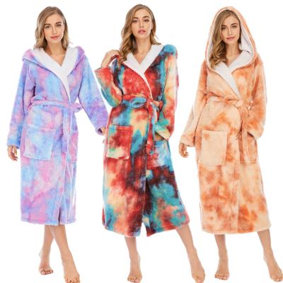 China 2020 Design Winter Long Pajamas Lady Fluffy Luxury Hooded Pajamas Adult Woman QUICK DRY Tie Dye for sale