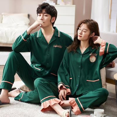 China QUICK DRY Men Women Winter Sleepwear Cute Chinese frill Soft Cotton Button Up 2 Pieces Pants Couples Pajamas Set for sale