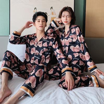 China QUICK DRY Design Women's Teddy Bear Print Pattern Long Sheath Silk Couple Satin Pajamas Pants 2 Piece Set for sale