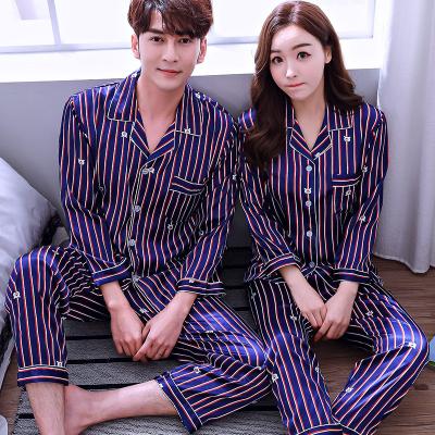 China Custom Luxury QUICK DRY Pajamas Women Couples Satin Pajamas Woman Men Sleepwear Striped Pure Silk Long Pant Set for sale