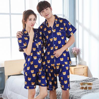 China QUICK DRY Faux Silk Women Print Satin Shorts Sheath Cute Bear Two Piece Pajamas For Man And Woman Couples Set for sale