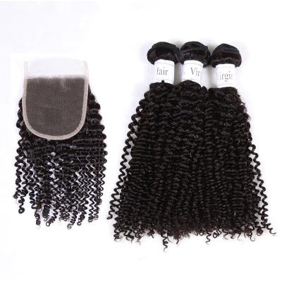 China 100% unprocessed jerry virgin curly hair bundle with closure, high quality 3in1 bundles with curly curly lace closure for sale