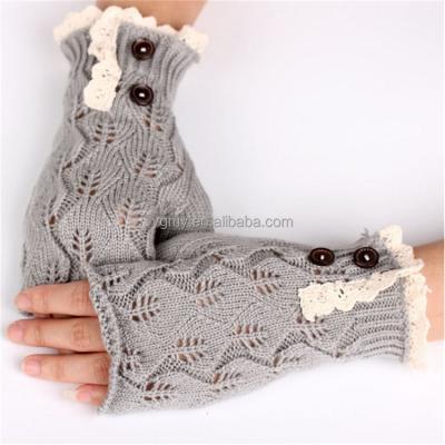 China Medium Western Style Christmas Lace Solid Button Knitted Leaf Lace Fingerless Gloves Arm Warmers for sale