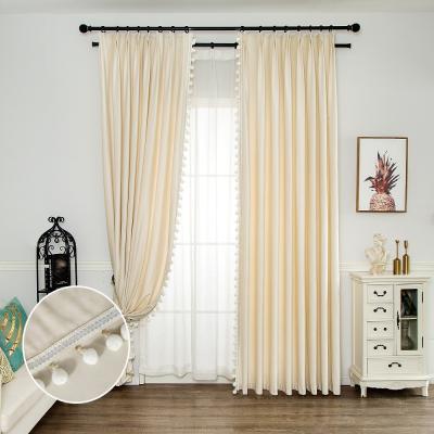 China European Luxury Blackout Curtains American Window Blackout Living Room Blackout Velvet Ready Made With Pom Pom for sale