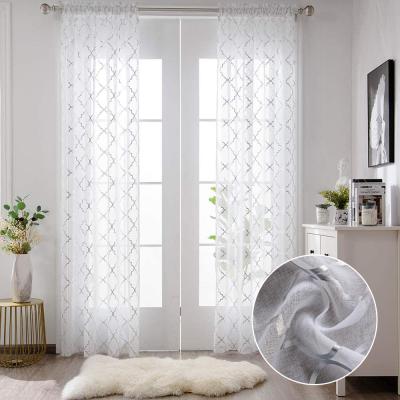 China Modern Geometric Blackout Pattern Ribbon Foil Printing Sheer Eyelet Tulle Curtains For Window for sale