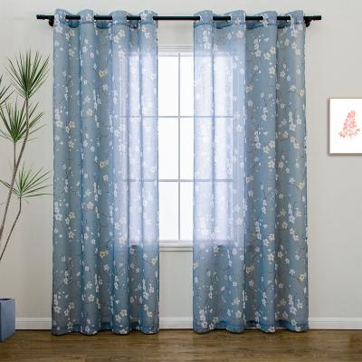 China High Quality Cheap Blue Floral Blackout Sheer Window Drapes Flower Print Tulle Curtains Bedroom Living Room for sale