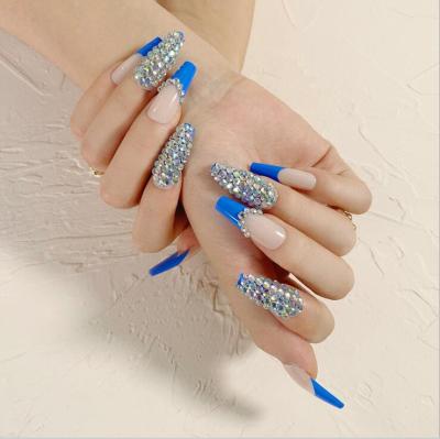 China Coffin nail tips xxl long finger nail french french style tapered luxury press on nails with rhinestones for sale