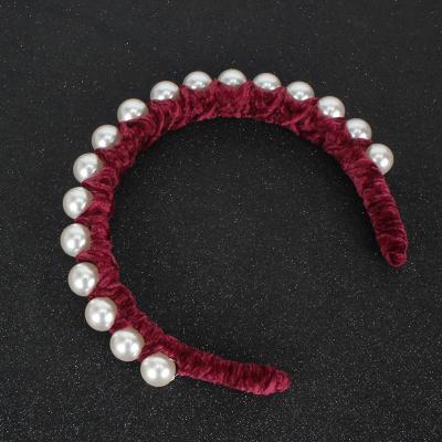 China Korea luxury daily wear white pearl beaded headband pearl bow hair accessories handmade elastic headband for girls for sale