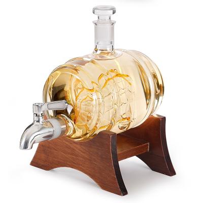 China Wholesale Recyclable 1L Wine Barrel Glass Beer Barrel With Tap And Stand Wooden Wisky Decanter for sale