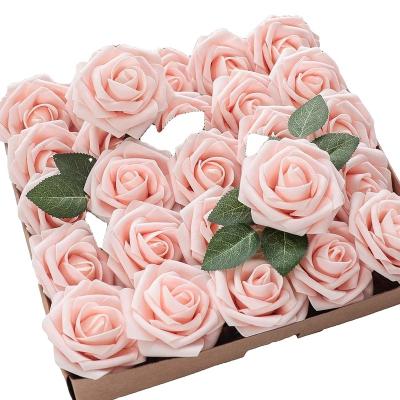 China Indor Decoration Flowers 25pcs Artificial Real Look Blush Stems Foam Fake Roses For DIY Wedding Bouquets for sale