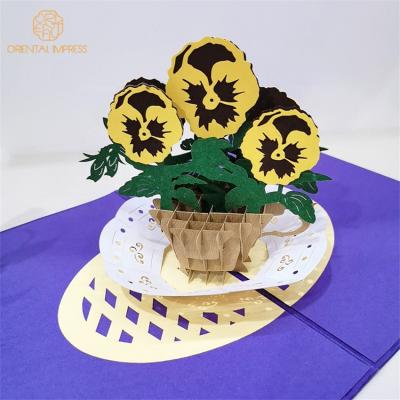 China Universal Wholesale Decoration Pop Up Bulk 3D Pansy Viola Flower Paper Greeting Cards for sale