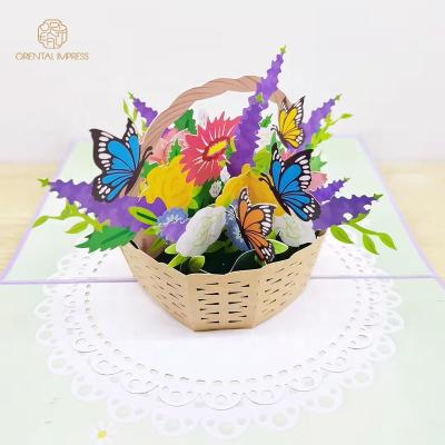 China Universal Hot Selling Pop Flower Bouquet In Basket Season Greeting Cards With Envelopes for sale