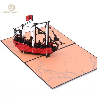 China Universal Creative Pirate Ship 2022 3D Laser Cut Noise Folding Paper Greeting Cards for sale