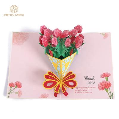 China Universal Bulk Custom 3D Holiday Card Pop Up Carnation Flower Mother's Day Thank You Greeting Card for sale