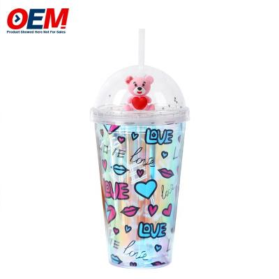 China Factory custom PP Double Wall Cup With Straw OEM Plastic Cup  Cute Bear Water Cup for sale