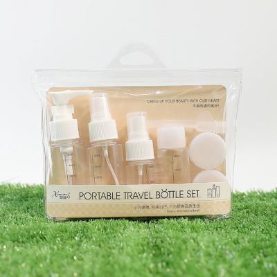 China BEAUTY PACKAGING Factory Wholesale Plastic Travel Bottle Stock PET Spray Bottle Empty Cosmetic Subbottling Set 7 Pieces Set for sale