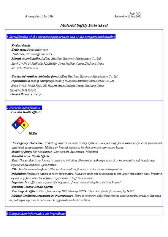 MSDS report for sticky notes - Shanghai Dongwen Industry Co. Ltd.