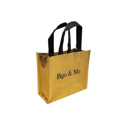 China Metallic Shopping Handled Reusable Gold Tote Bags With Black Eco Bags Logo for sale