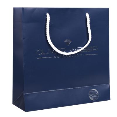 China Drak Disposable Blue Paper Bag With Logo Ribbon Hot Stamping Paper Bag With Handles Black Paper Bag for sale