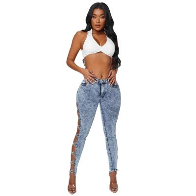 China Fashion Breathable Stylish Hot Selling Skinny Ruched Cutout Washed Jeans With Straps For Women for sale