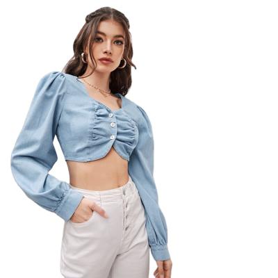 China Latntern Breathable Stylish Long Sleeve Ladies Sexy Denim Crop Jean Jacket Tops Shirts For Women for sale