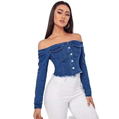 China Breathable Fashion Breathable Top Button Up Sexy Flap Pocket Off The Shoulder Jean Jacket Denim Shirt Women for sale