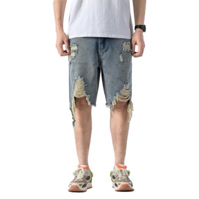 China Fashionable Blue Stretch Tassel Ripped Distressed Jeans Street Mens Jean Breathable Shorts For Men for sale