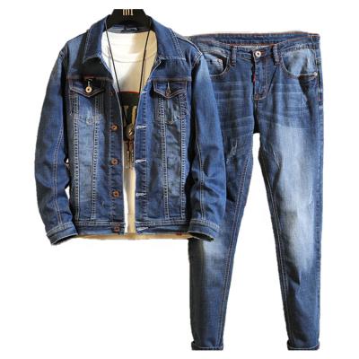 China Men's Breathable Breathable Two-Piece Blue Cotton Casual Suit Jean Jacket And Pants Set 3XL for sale