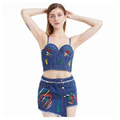 China Breathable Sexy Breathable Club Wear Hollow Out 2 Piece Halter Top And Short Skirt Set Denim Sets Women Ladies for sale