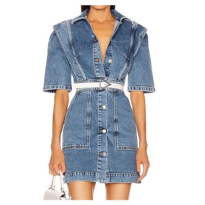 China Fashion Women's Mini Dress 2022 Summer V-Neck Jean Dresses Fashion Cotton With Career Breathable for sale