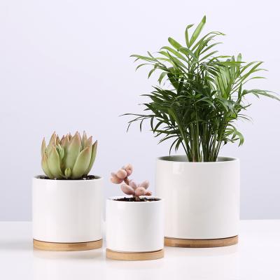 China Europe high quality Nordic style cylinder indoor white glazed ceramic flower pot small with bamboo tray for sale