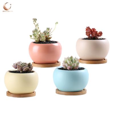 China Best Selling Modern Indoor Plant Pots Small Matte Colored Glazed Ceramic Succulent Pots With Saucer Bamboo Wholesale for sale