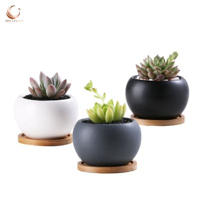 China Modern Quality 3.5inch Small Ceramic Flower Pots For Succulent Plants With Bamboo Tray Wholesale for sale