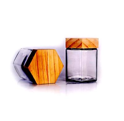 China Glass Honey Bottle, Wooden Lid, Sealed Lid Glass Bamboo Bottle Beverage Beverage Hexagon Box with Transparent Honey Bottle for sale