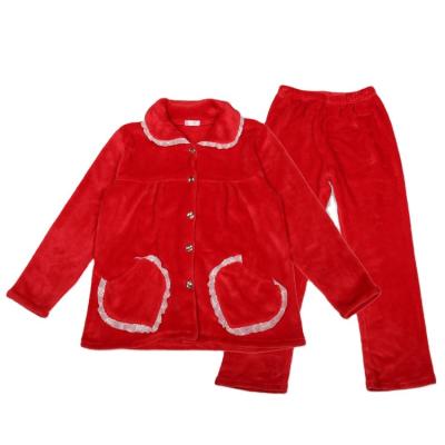 China Breathable Custom Winter Solid Color Red With Pocket White Lace Decorative Pajamas Set Warm Long Sleeve 2-Piece Flannel Pajamas Set for sale