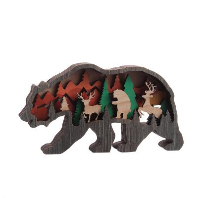 China DIY TOY 3D Wooden Multilayer Animals Craft Ornament With Light House Stones Wood Carving Animals for sale